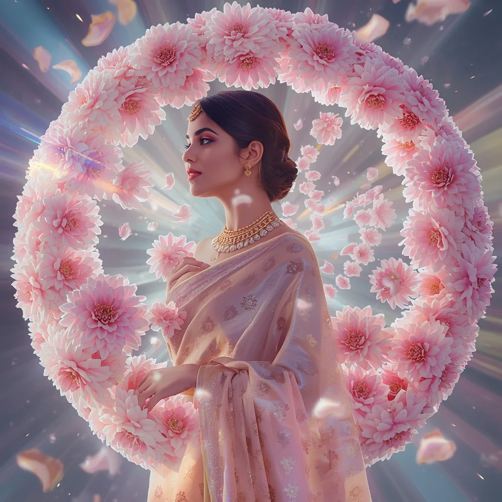 Festive Pastel Saree Infinity Crystal Dahlia Sphere Collage Luxury Cinematic | Prompt Seen Trending Girl AI Photo