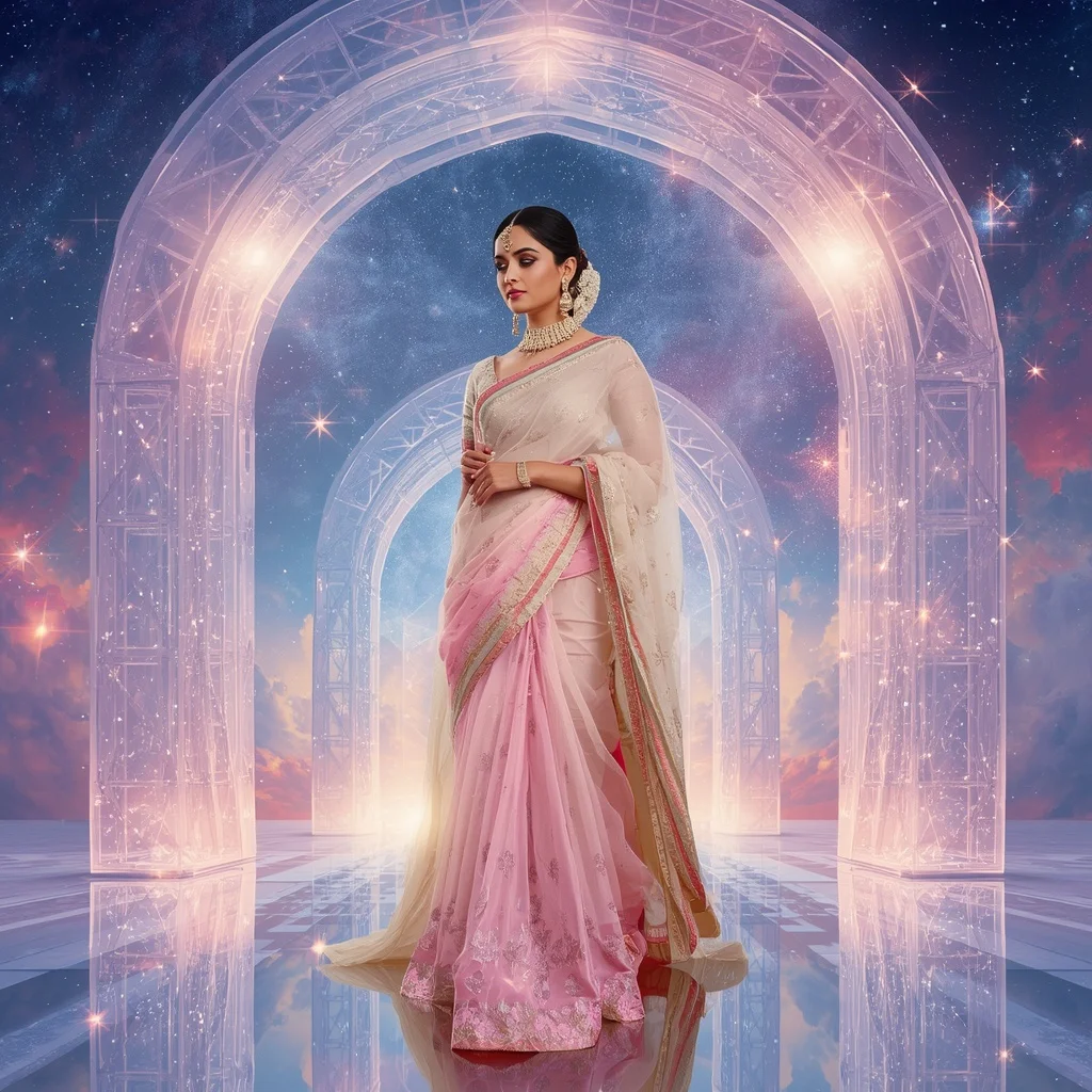 Festive Pastel Saree Infinity Crystal Galaxy Archway Collage Premium Fashion | Lighting Ai Prompt