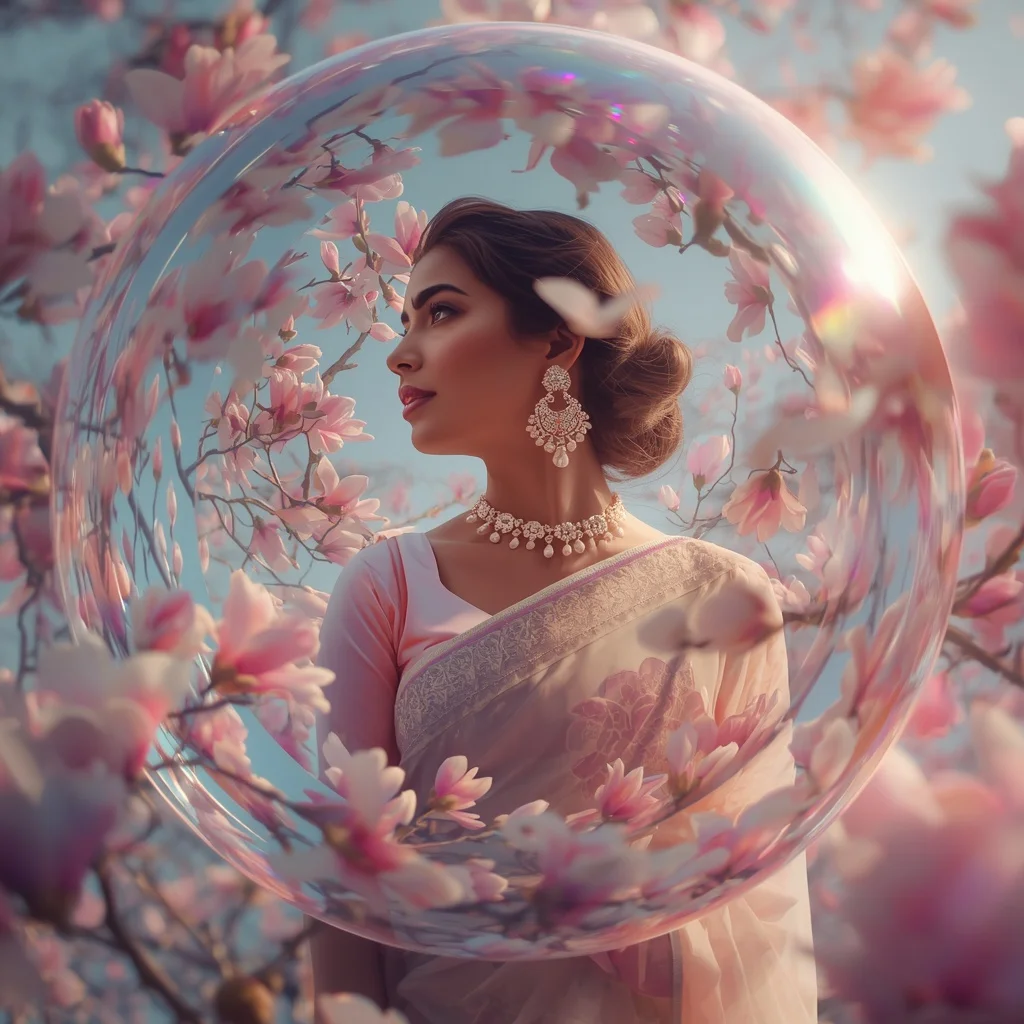 Festive Pastel Saree Infinity Crystal Magnolia Nebula Sphere Collage Luxury Cinematic | Prompt For Traditional Look For Girl Chatgpt Instagram