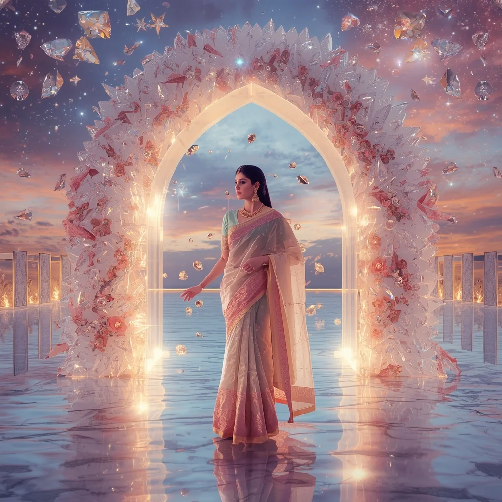 Festive Pastel Saree Infinity Crystal Starlight Gateway Collage Premium Fashion | Whatsapp Dp Ai Prompt