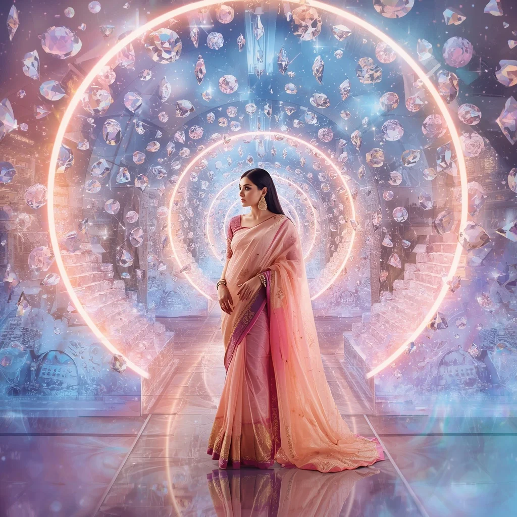 Festive Pastel Saree Infinity Diamond Aurora Spiral Temple Collage Premium Fashion | Attitude Girl Prompt