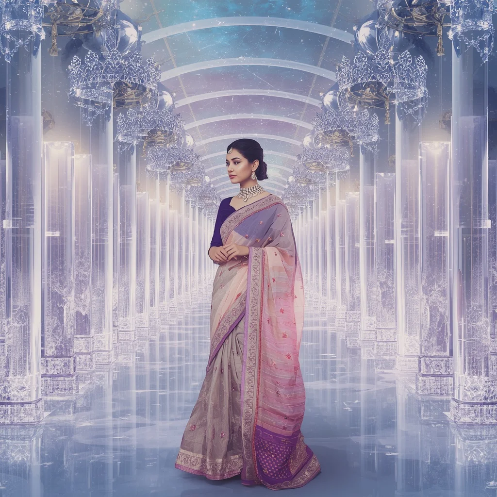 Festive Pastel Saree Infinity Diamond Celestial Crown Corridor Collage Premium Fashion | Instagram Story Ai Prompt