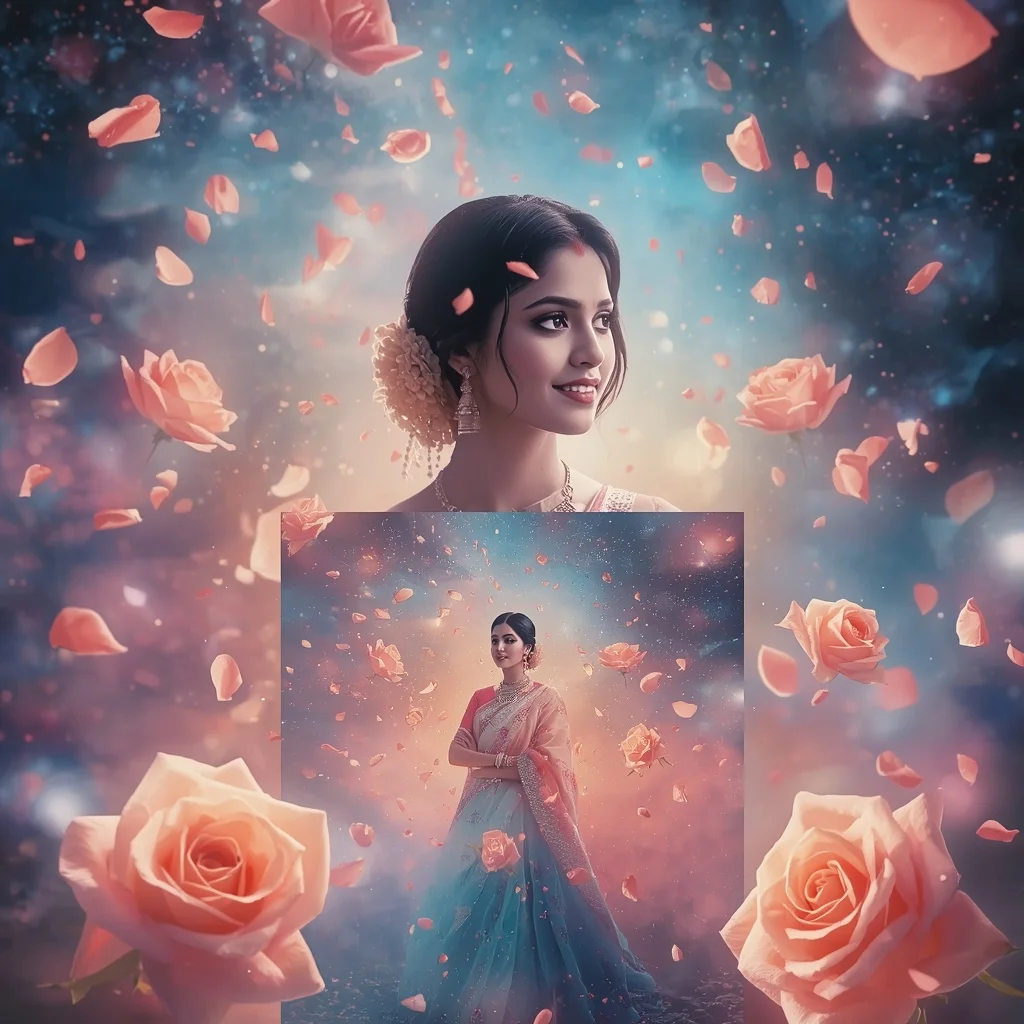 Festive Pastel Saree Layered Aurora Rose Hyperverse Collage Cinematic | Prompt Engineering