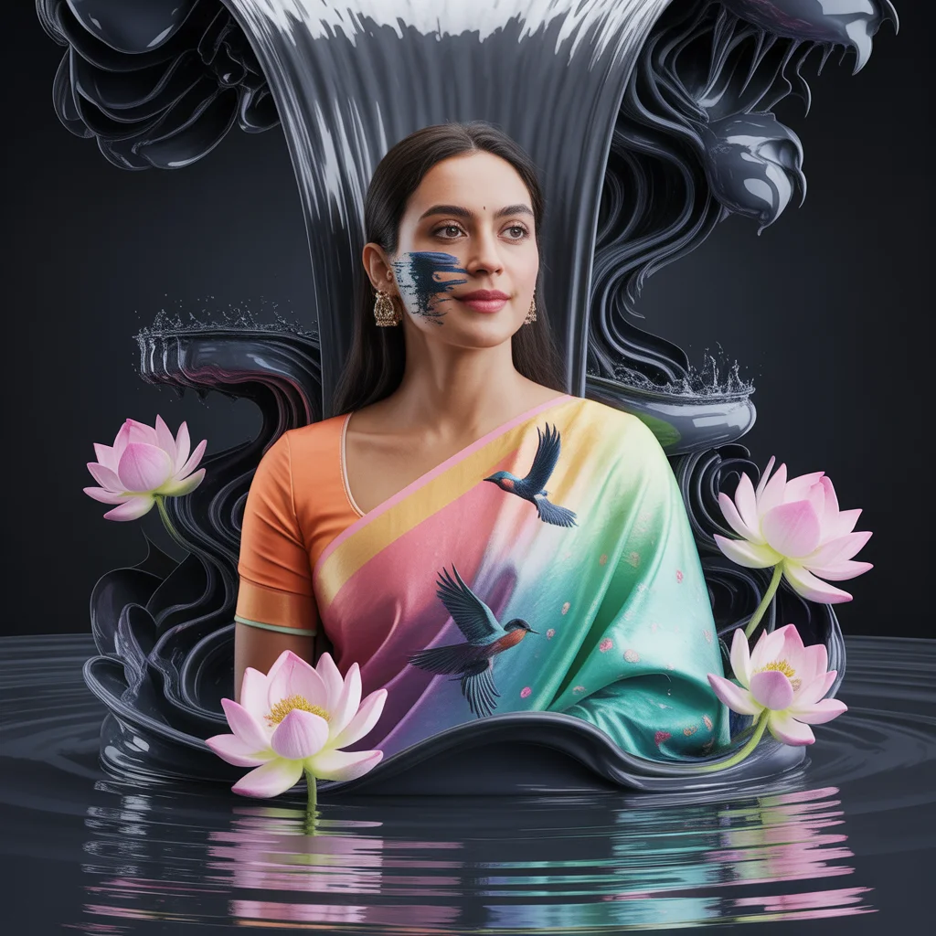 Festive Pastel Saree Levitating Ink Wash Waterfall Collage | 3D Calligraphy Premium Prompt | Saree Girl Ai Prompt