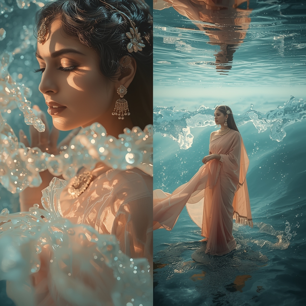 Festive Pastel Saree Light Memory Ocean Collage | Emotional Depth Luxury Prompt | Saree Trending Ai Prompt