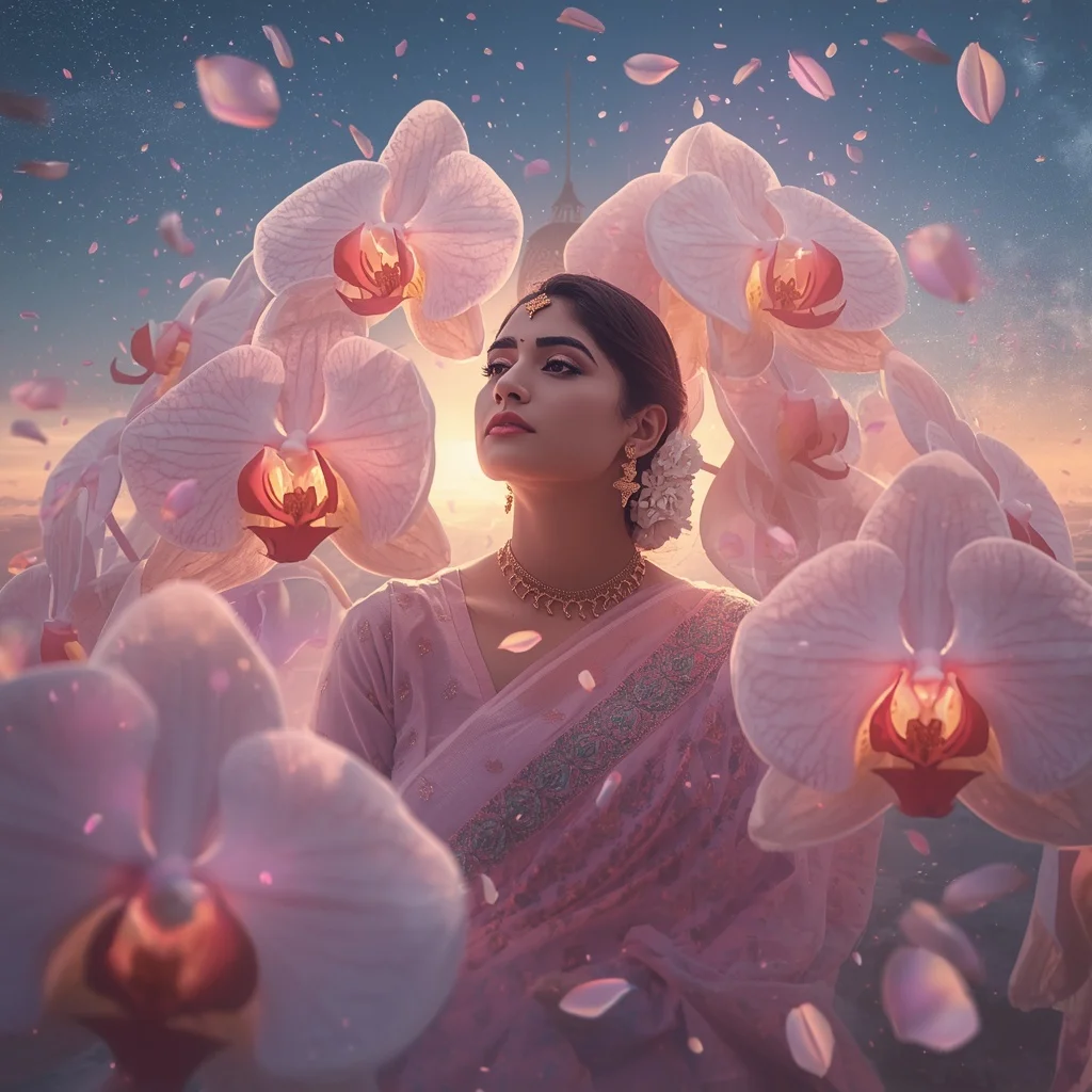 Festive Pastel Saree Light Orchid Galaxy Dream Basilica Horizon Collage Cinematic | Ai Photo Editing Prompt
