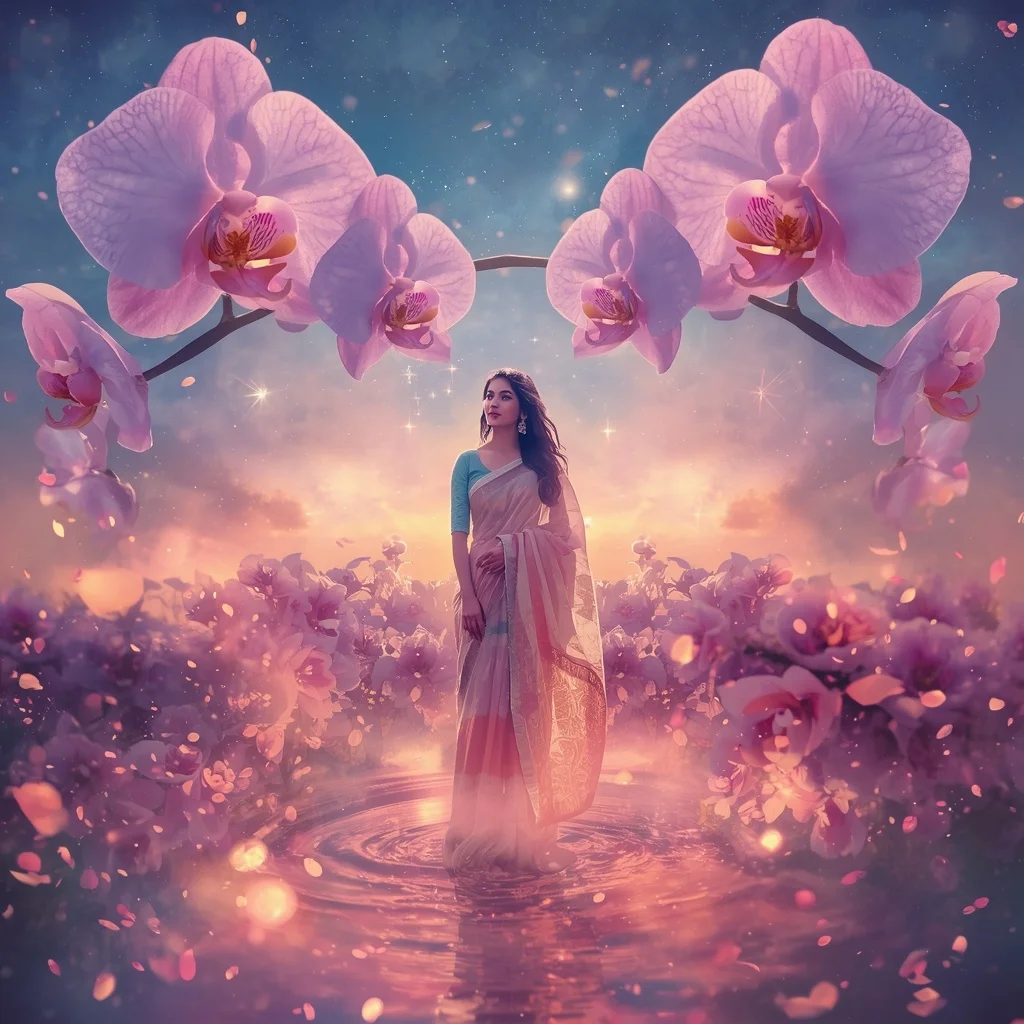 Festive Pastel Saree Light Orchid Galaxy Dream Horizon Sanctuary Collage Cinematic | Prompt Image