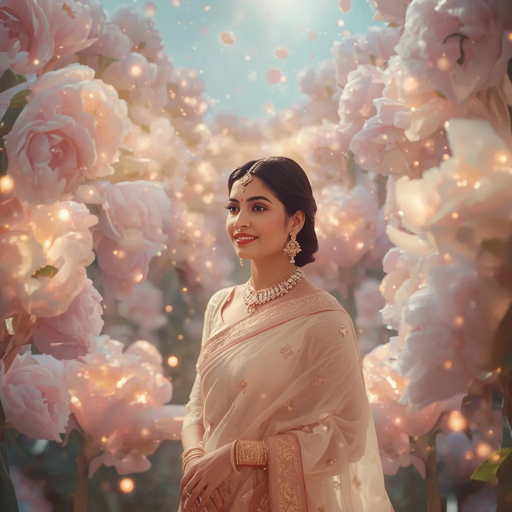 Festive Pastel Saree Light Peony Constellation Empire Collage Cinematic | Prompt For Gemini