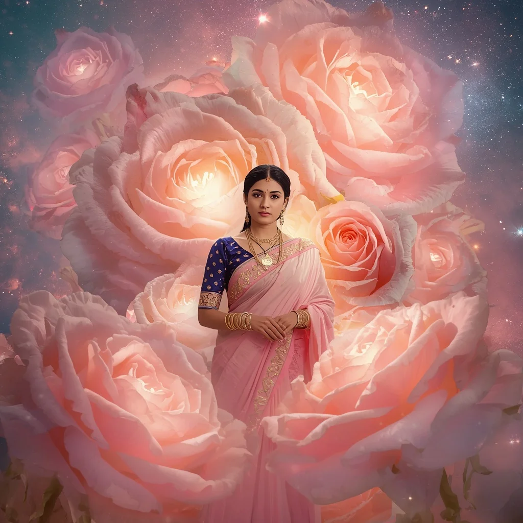 Festive Pastel Saree Light Rose Nebula Kingdom Collage Cinematic | Ai Prompt Generator Free