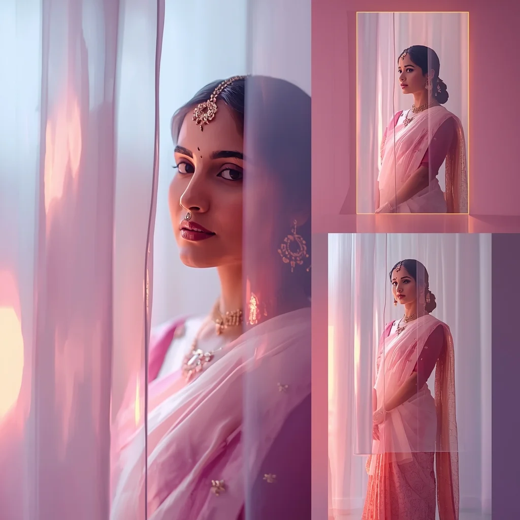 Festive Pastel Saree Light Sheet Collage | Indian Girl Transparent Layer Aesthetic Cinematic Viral Prompt | Saree Photoshoot Prompt Ultra Realistic