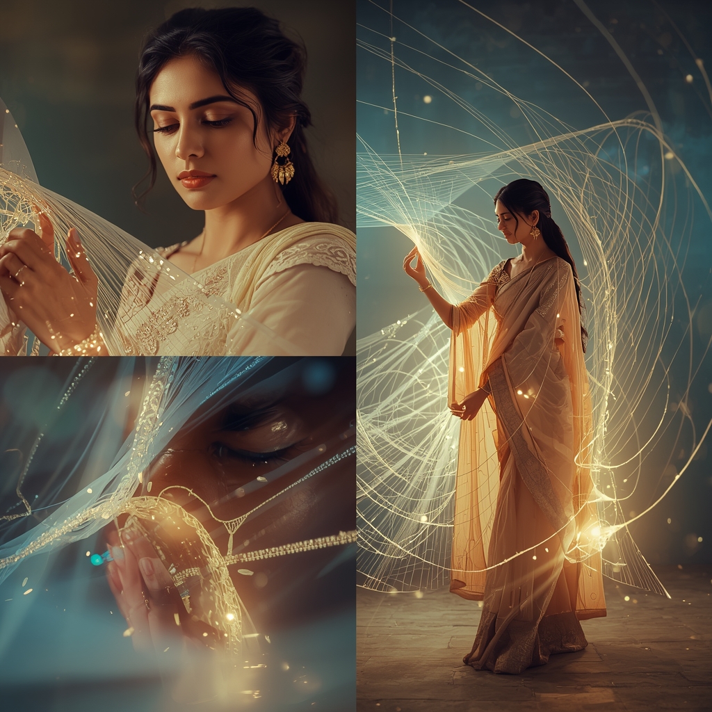Festive Pastel Saree Light Thread Weaving Collage | Cosmic Fabric Creation Prompt | Traditional Saree Ai Prompt