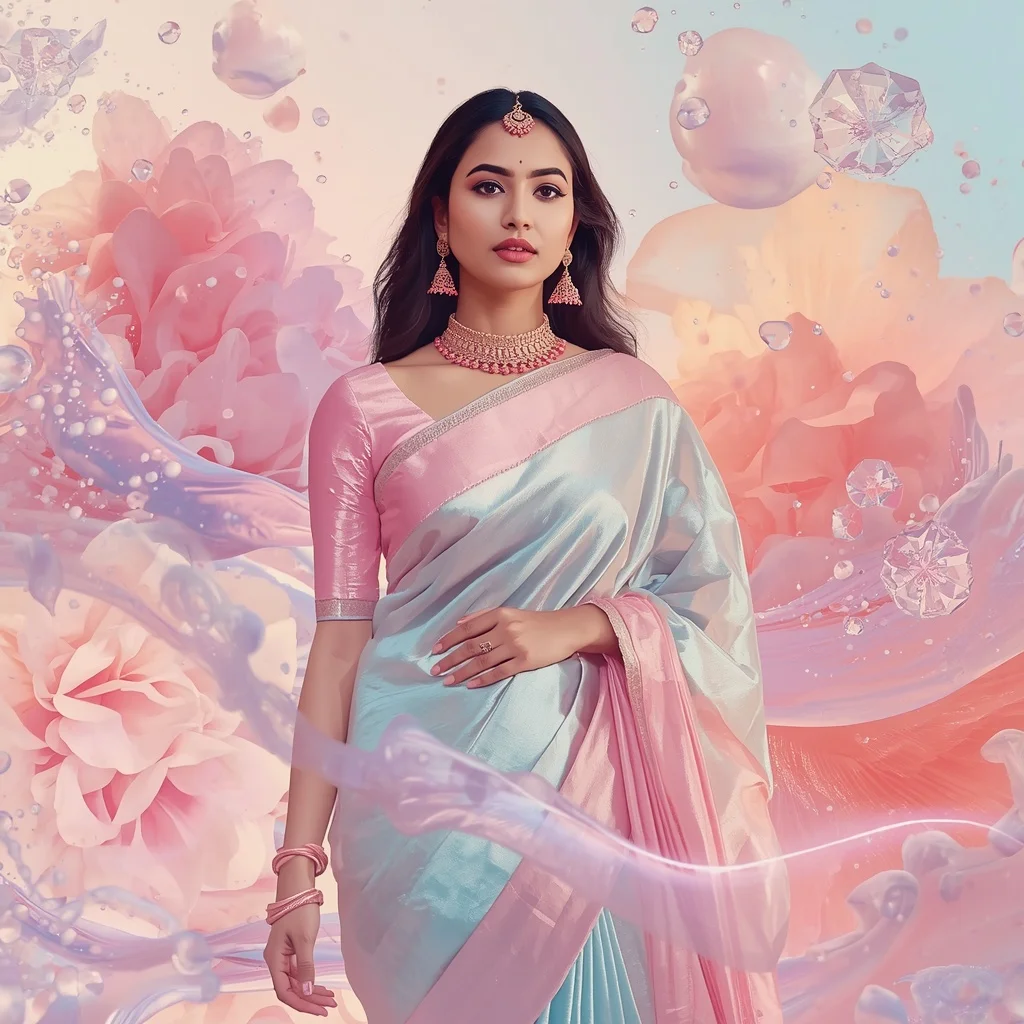 Festive Pastel Saree Liquid Aurora Dream Ocean Collage Luxury Cinematic | Prompt For Traditional Look For Girl