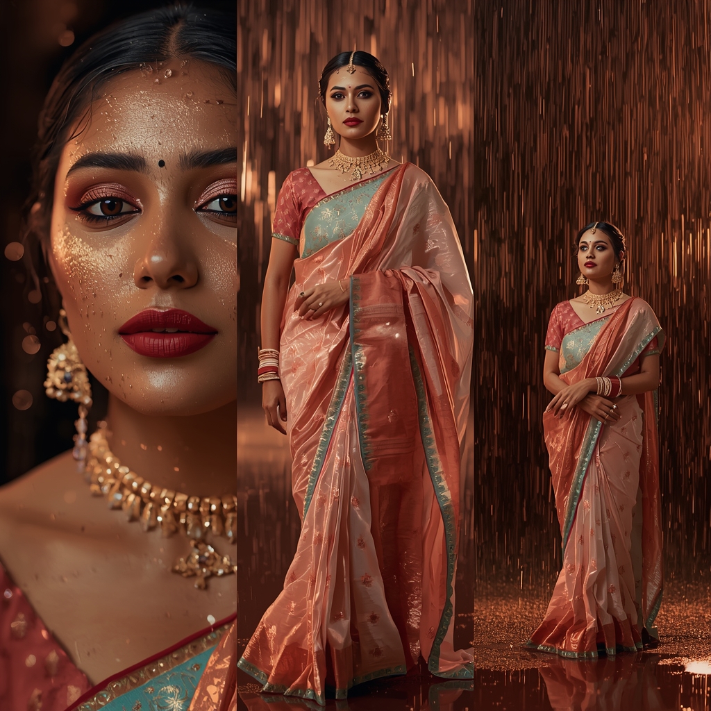 Festive Pastel Saree Liquid Bronze Rainfall Collage | Metallic Monsoon Empress Prompt | Gemini Ai Saree Prompt