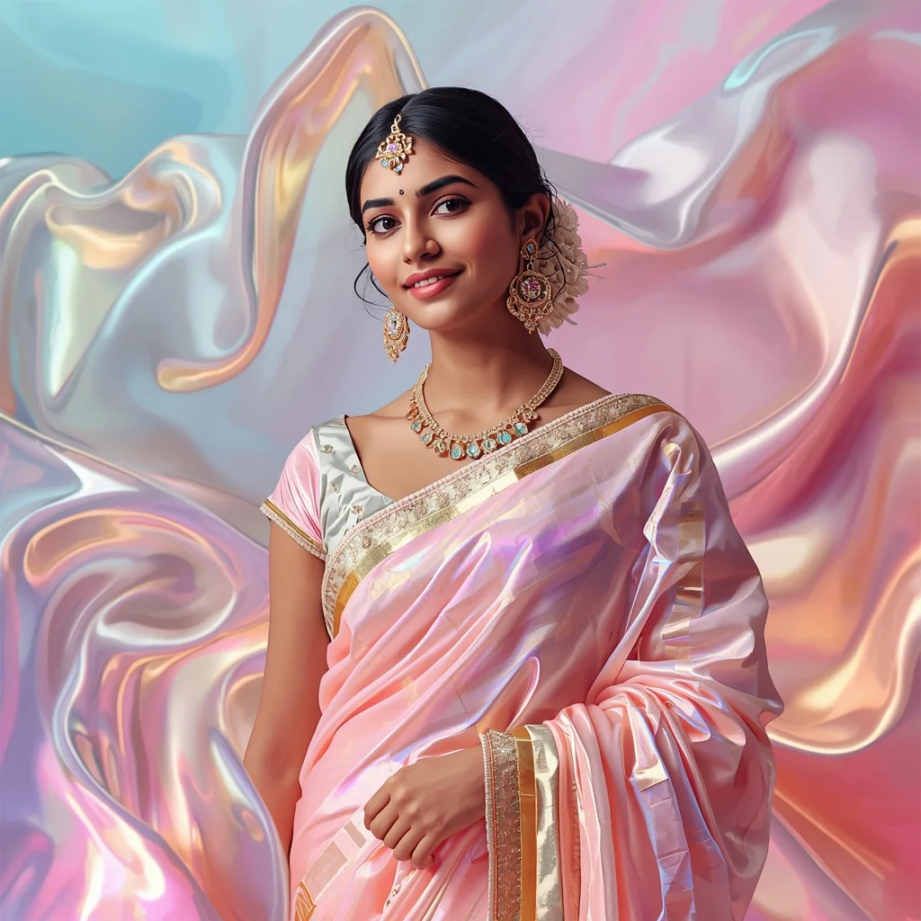Festive Pastel Saree Liquid Chrome Silk Fusion Collage Luxury Cinematic | Cute Prompt For Girls In Saree