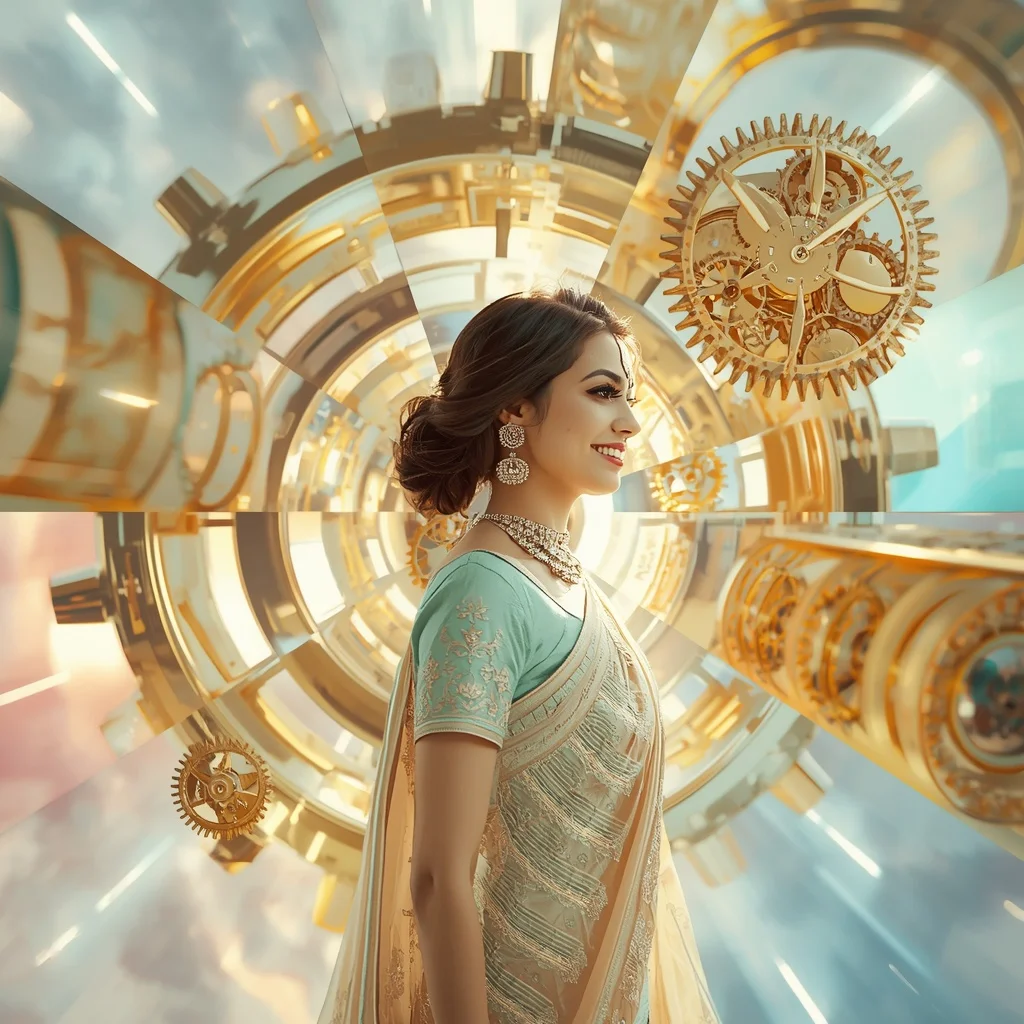 Festive Pastel Saree Liquid Gold Clockwork Collage Advanced Design | Saree Prompt For Gemini Girl In English
