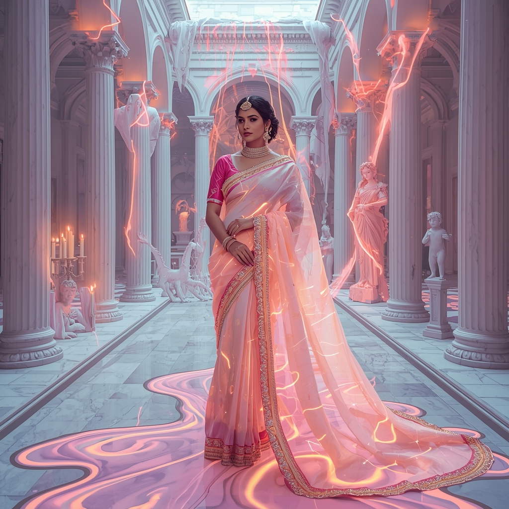 Festive Pastel Saree Liquid Marble Cyber-Renaissance Neon Silk Collage | Baroque Digital Haute Couture Prompt | Indian Girl Saree Ai Prompt 4k Realistic