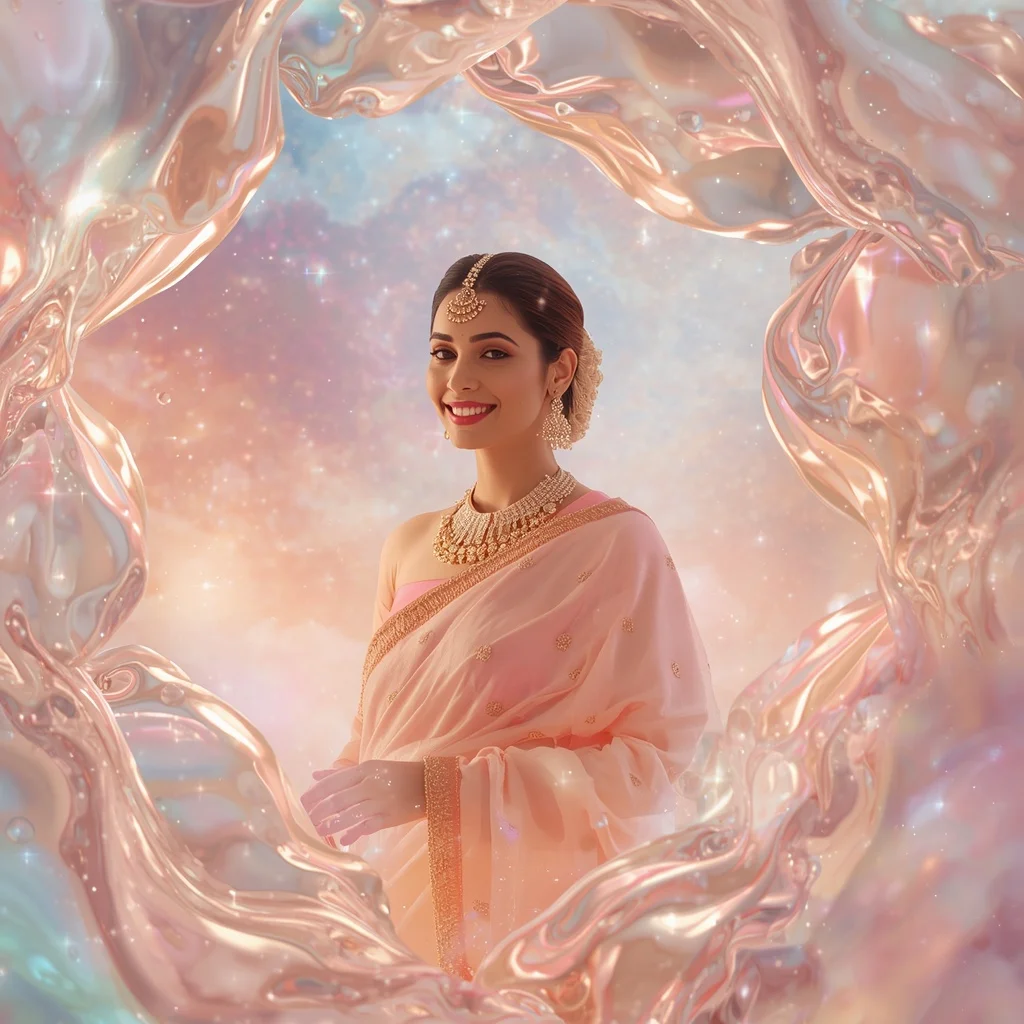 Festive Pastel Saree Liquid Pearl Aurora Celestial Kingdom Collage Luxury Cinematic | Prompt For Traditional Look For Girl