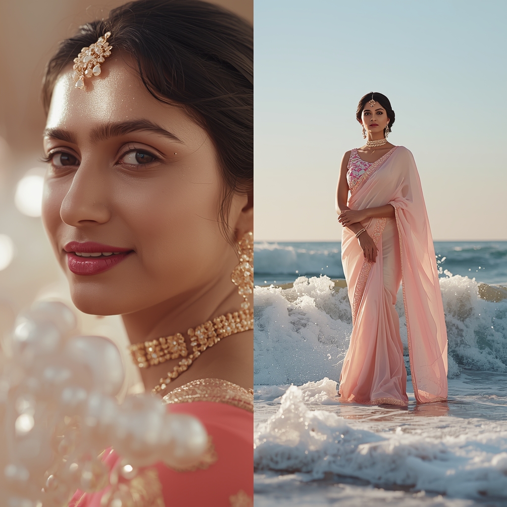 Festive Pastel Saree Liquid Pearl Horizon Break Collage | Elegant Surge Empress Prompt | Desi Saree Ai Prompt