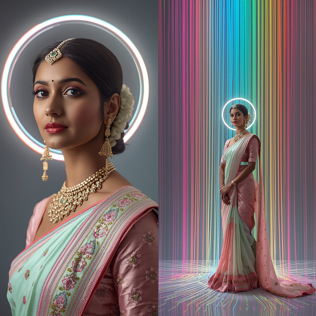 Festive Pastel Saree Liquid Prism Halo Cascade Collage | Spectrum Crown Empress Prompt | Modern Saree Ai Prompt