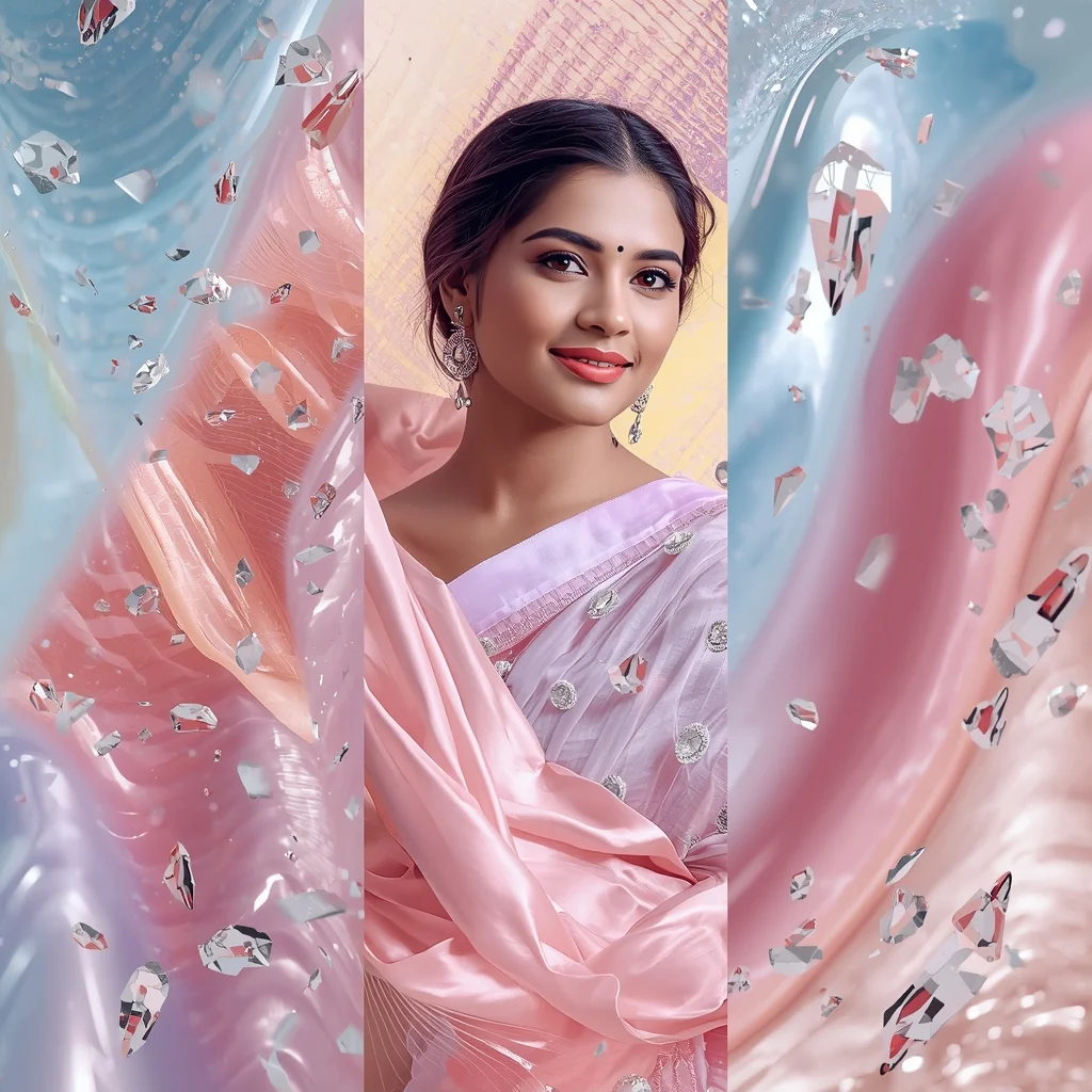 Festive Pastel Saree Liquid Silk Energy Wave Crystal Burst Collage | New Viral Prompt