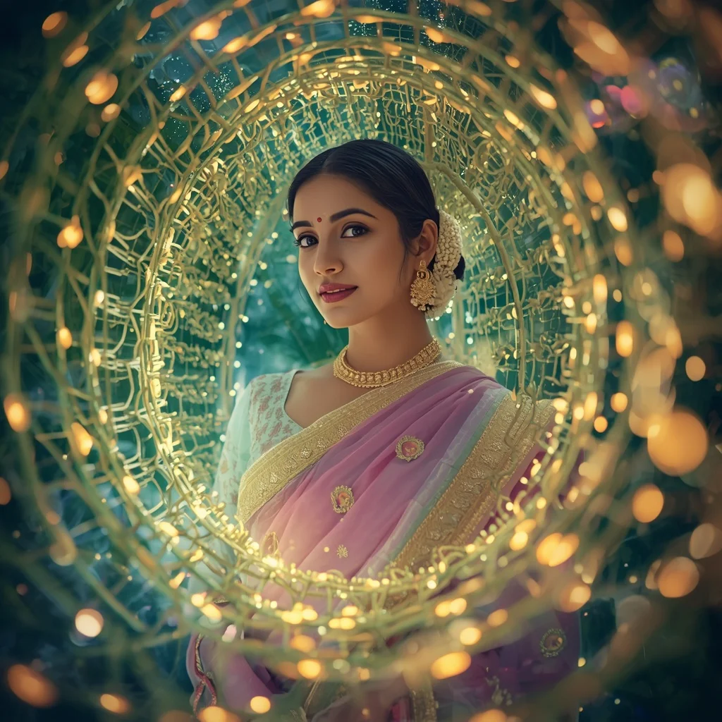 Festive Pastel Saree Living Plant Cell Chloroplast Bio-luminescence Collage | Female Model Ai Prompt
