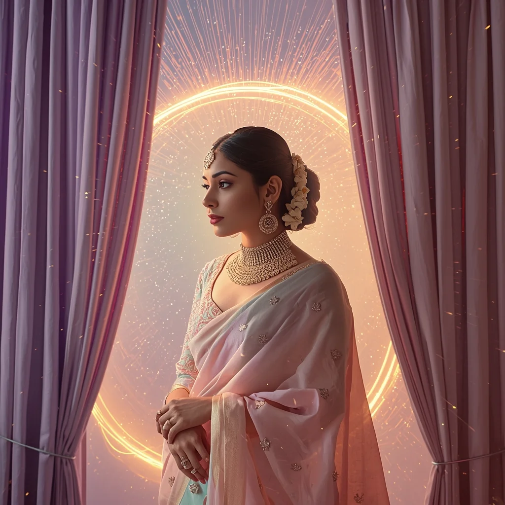 Festive Pastel Saree Magnetic Curtain Galaxy Particle Rain Prism Dissolve Collage | Dramatic Energy Symphony Prompt | Saree Girl Ai Prompt