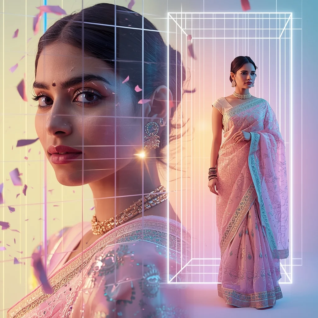 Festive Pastel Saree Magnetic Grid Tornado Cage Collage | Futuristic Power Prompt | Chatgpt Prompt Generator
