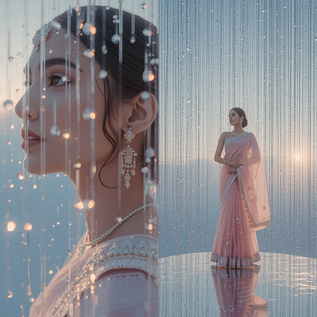 Festive Pastel Saree Mirror Island Crystal Rain Collage | Sky Reflection Prompt | Prompt For Girls College Instagram