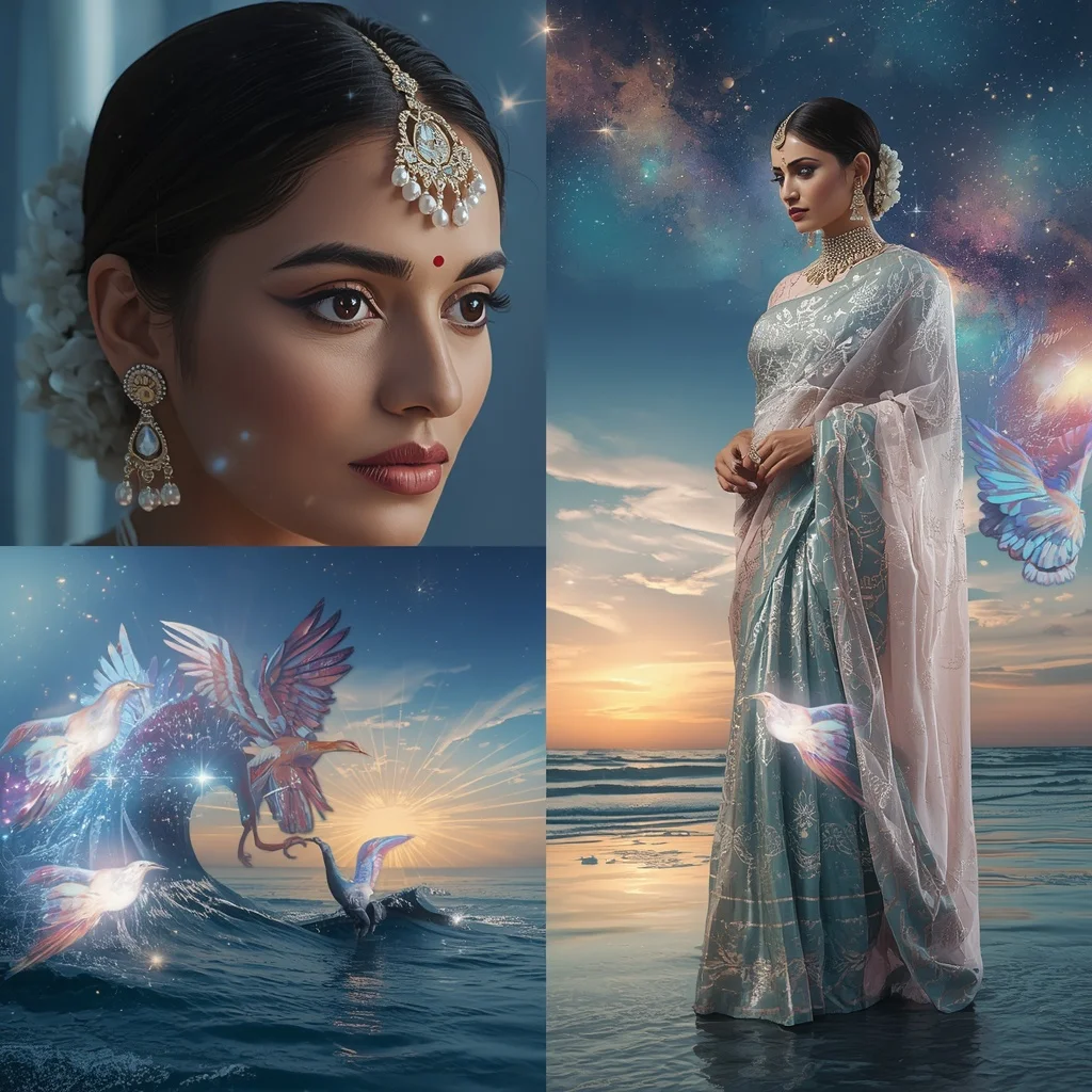 Festive Pastel Saree Mirror Phoenix Ocean Galaxy Collage Prompt | Retro Style Prompt For Gemini Girl In Saree Copy And Paste