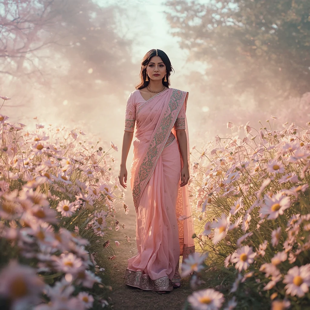 Festive Pastel Saree Mist Crystal Daisy Meadows Dream Collage | Gemini Ai Prompt Copy Paste