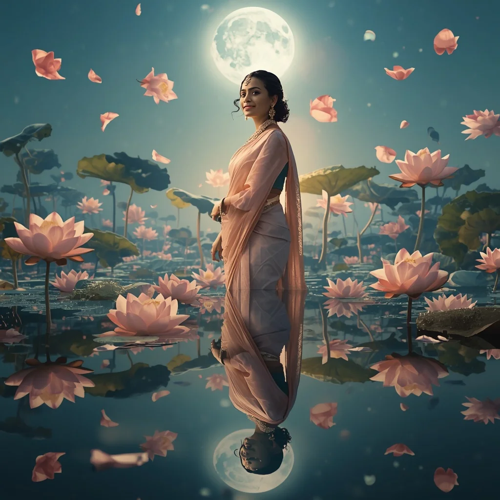 Festive Pastel Saree Moon Lotus Reflection Paradise Collage Cinematic | Attitude Girl Prompt