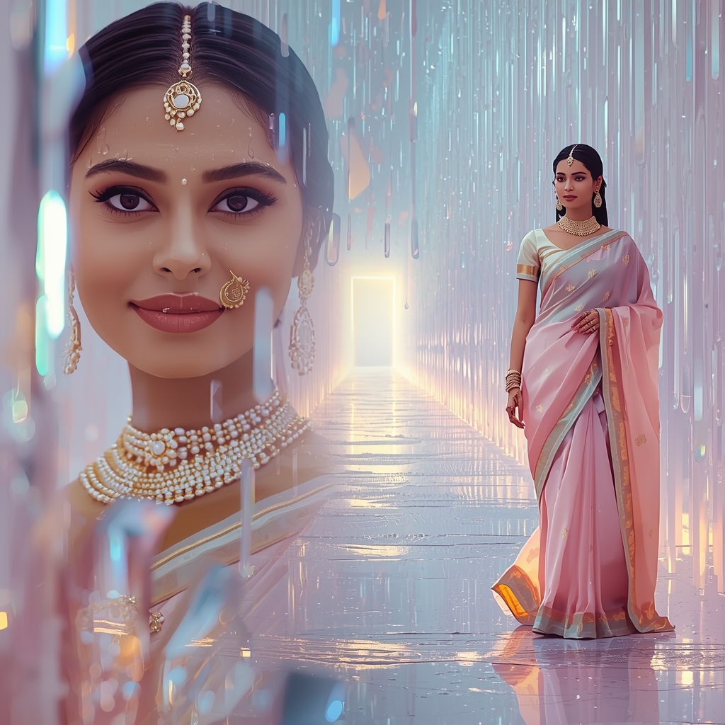Festive Pastel Saree Mystical Crystal Tunnel Rain Portal Collage | Ethereal Fantasy Prompt | Indian Saree Ai Prompt