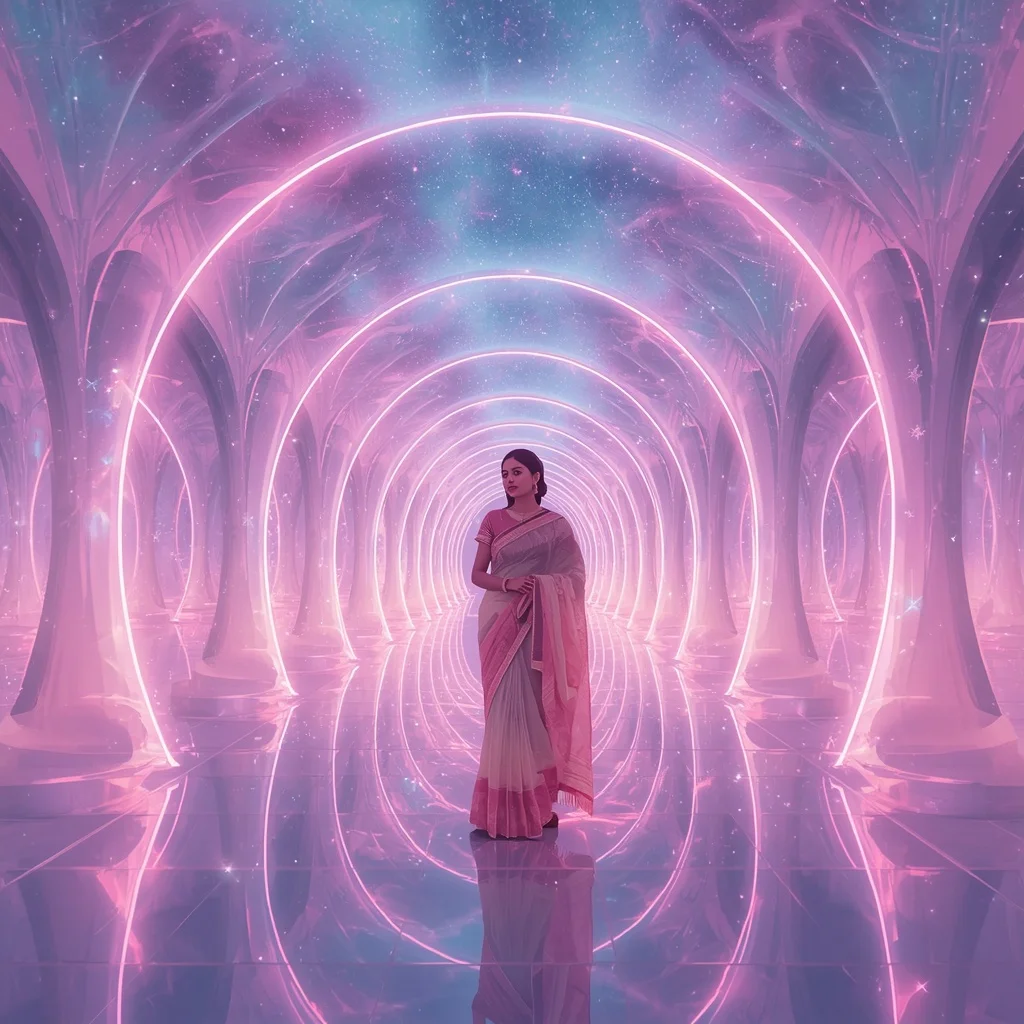 Festive Pastel Saree Neon Aurora Galaxy Pavilion Collage Modern | Trending Girl Photo Prompt