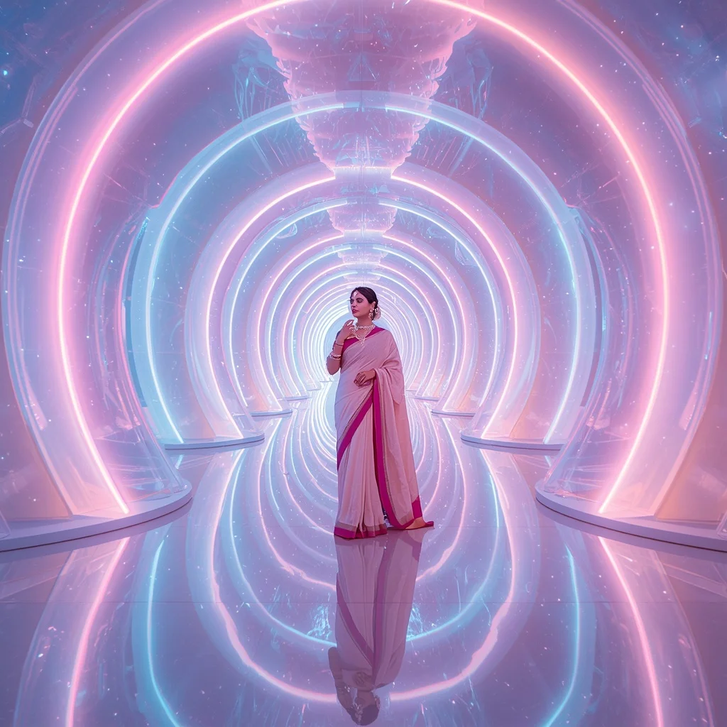 Festive Pastel Saree Neon Aurora Infinity Galaxy Hall Collage Modern | Fitness Model Ai Prompt