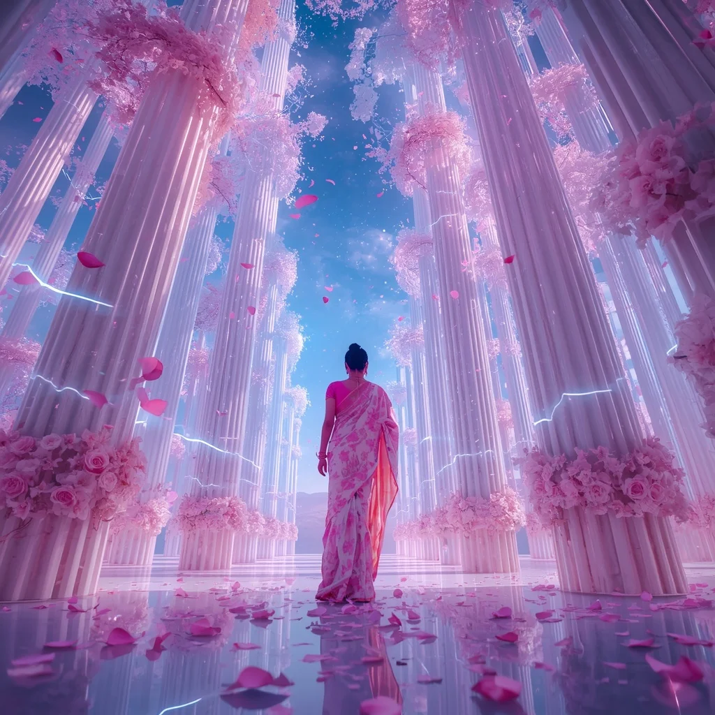 Festive Pastel Saree Neon Aurora Infinity Sakura Spiral Sky Cathedral Collage Modern | Trending Prompt Girls Instagram