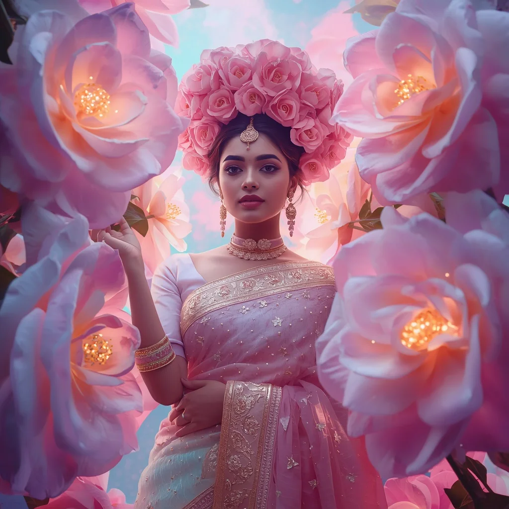 Festive Pastel Saree Neon Camellia Galaxy Crown Collage Modern | Chatgpt Photo Editing Styles For Girl