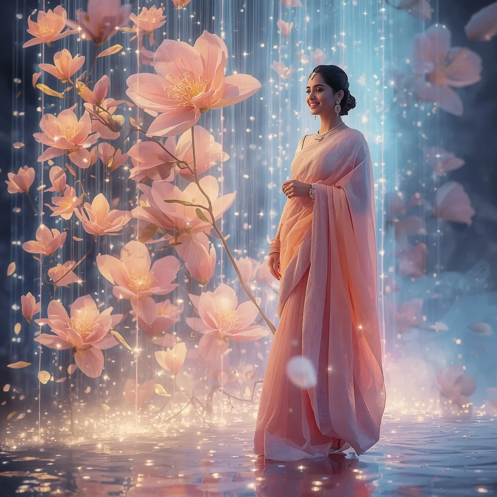 Festive Pastel Saree Neon Celestial Magnolia Cascade Collage Modern Cinematic | Prompt Engineering