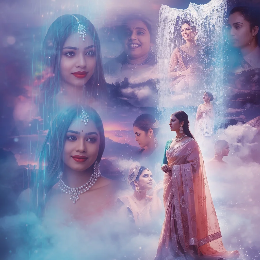 Festive Pastel Saree Neon Celestial Pearl Falls Collage Modern Cinematic | Realistic Ai Prompt
