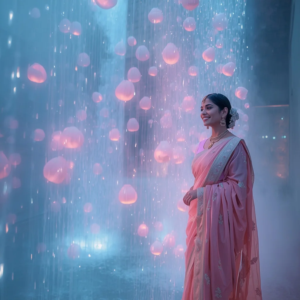 Festive Pastel Saree Neon Celestial Tulip Falls Collage Modern Cinematic | Gemini Ai Prompt