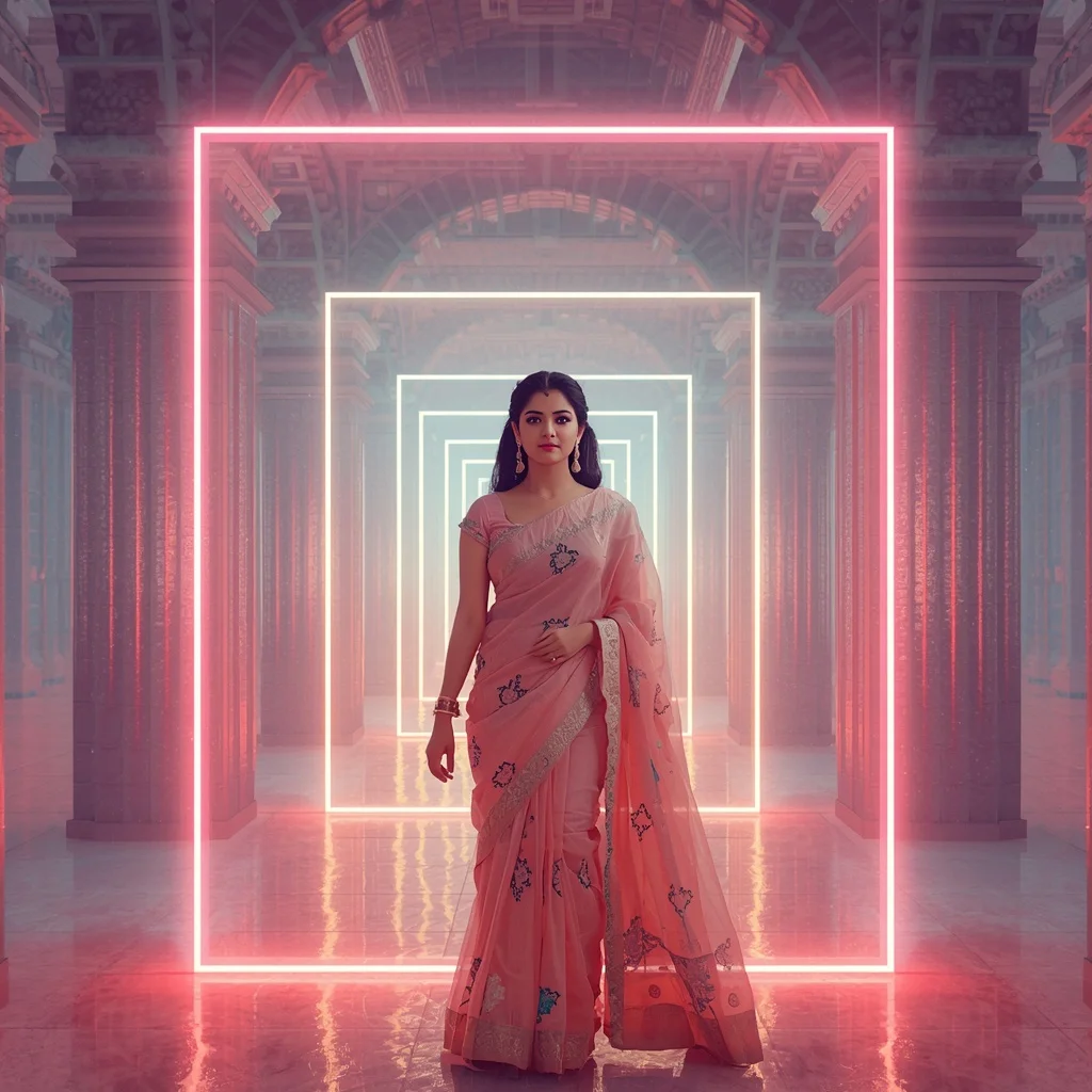 Festive Pastel Saree Neon Crystal Palace Frames Collage Modern Cinematic | Prompt Generator