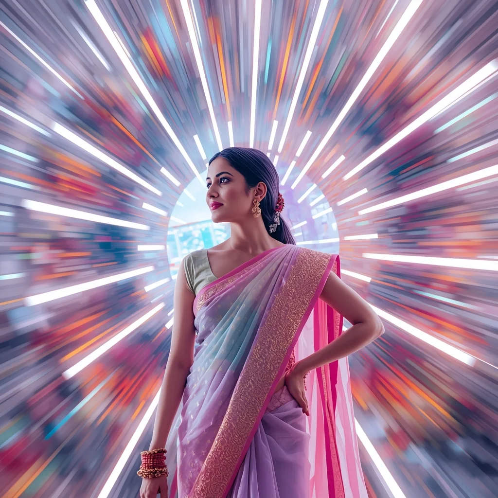 Festive Pastel Saree Neon Energy Pulse Tunnel Collage Modern Cinematic | Saree Prompt For Chatgpt In English