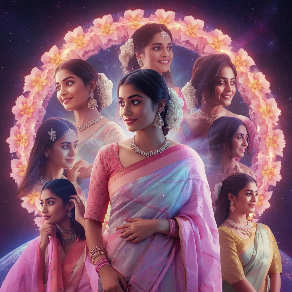 Festive Pastel Saree Neon Galaxy Jasmine Crown Halo Collage Modern Cinematic | Attitude Girl Prompt