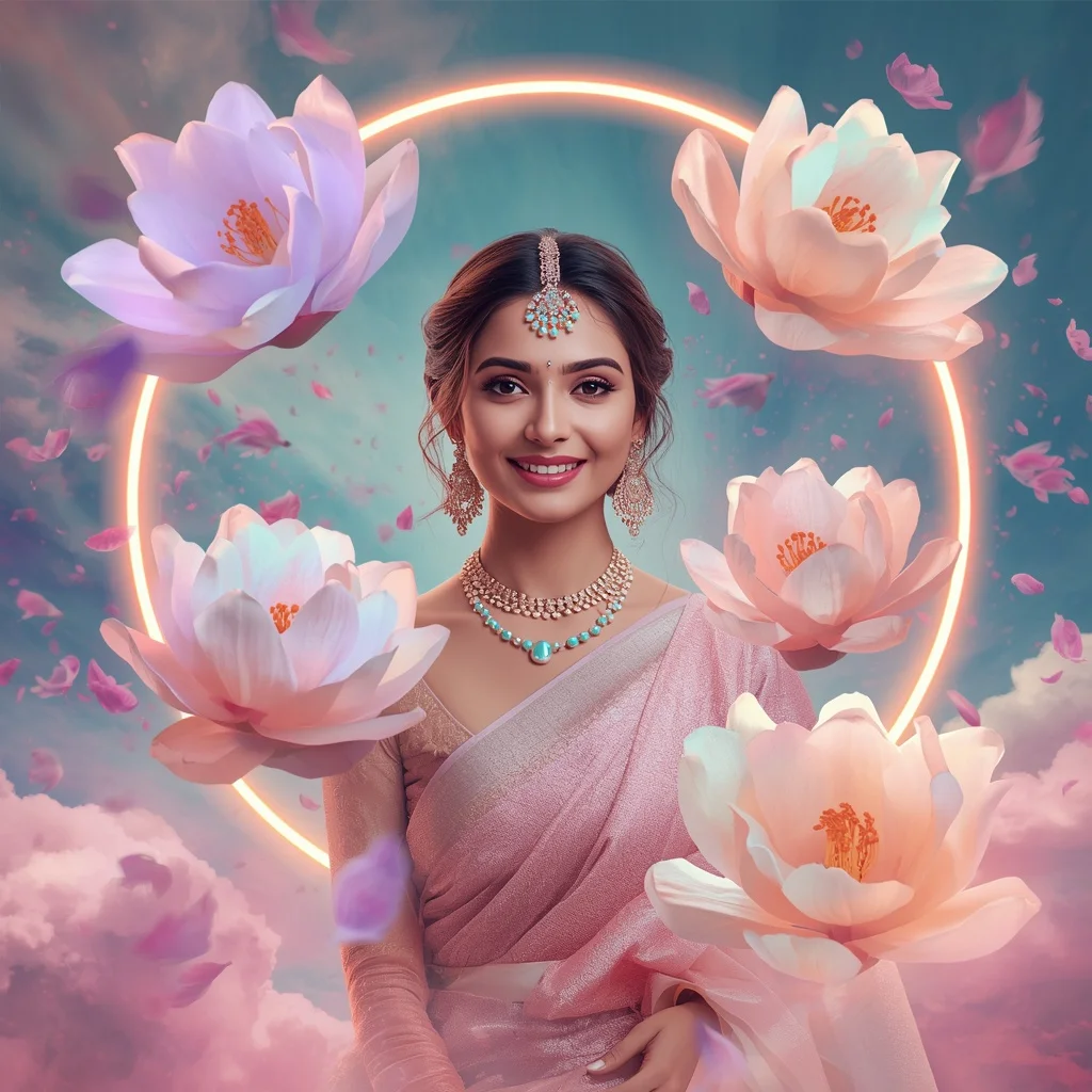 Festive Pastel Saree Neon Galaxy Magnolia Halo Collage Modern Cinematic | Prompt Seen Trending Girl Instagram