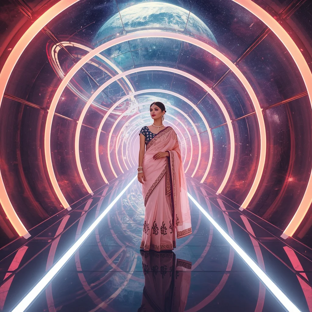 Festive Pastel Saree Neon Galaxy Orbital Sanctuary Modern Collage | Youtube Thumbnail Ai Prompt