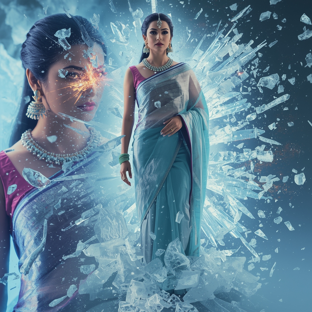 Festive Pastel Saree Neon Ice Fragment Storm Collage | Frozen Energy Empress Prompt | Gemini Saree Prompt For Girl