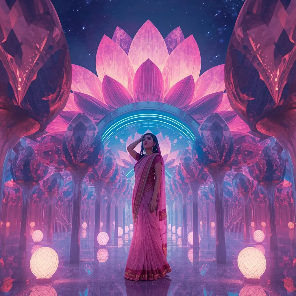 Festive Pastel Saree Neon Lotus Galaxy Crown Spiral Citadel Collage Modern | Ai Prompt Generator Free