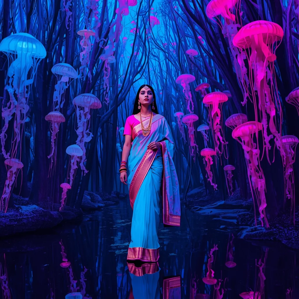 Festive Pastel Saree Neon Plasma Jellyfish Forest Collage | Sky Ocean Fusion Premium Prompt | Saree Profile Pic Ai Prompt