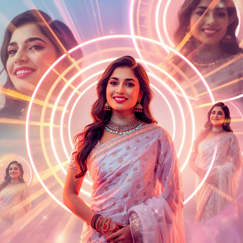 Festive Pastel Saree Neon Ring Burst Collage Premium Cinematic | Saree Prompt Text To Image