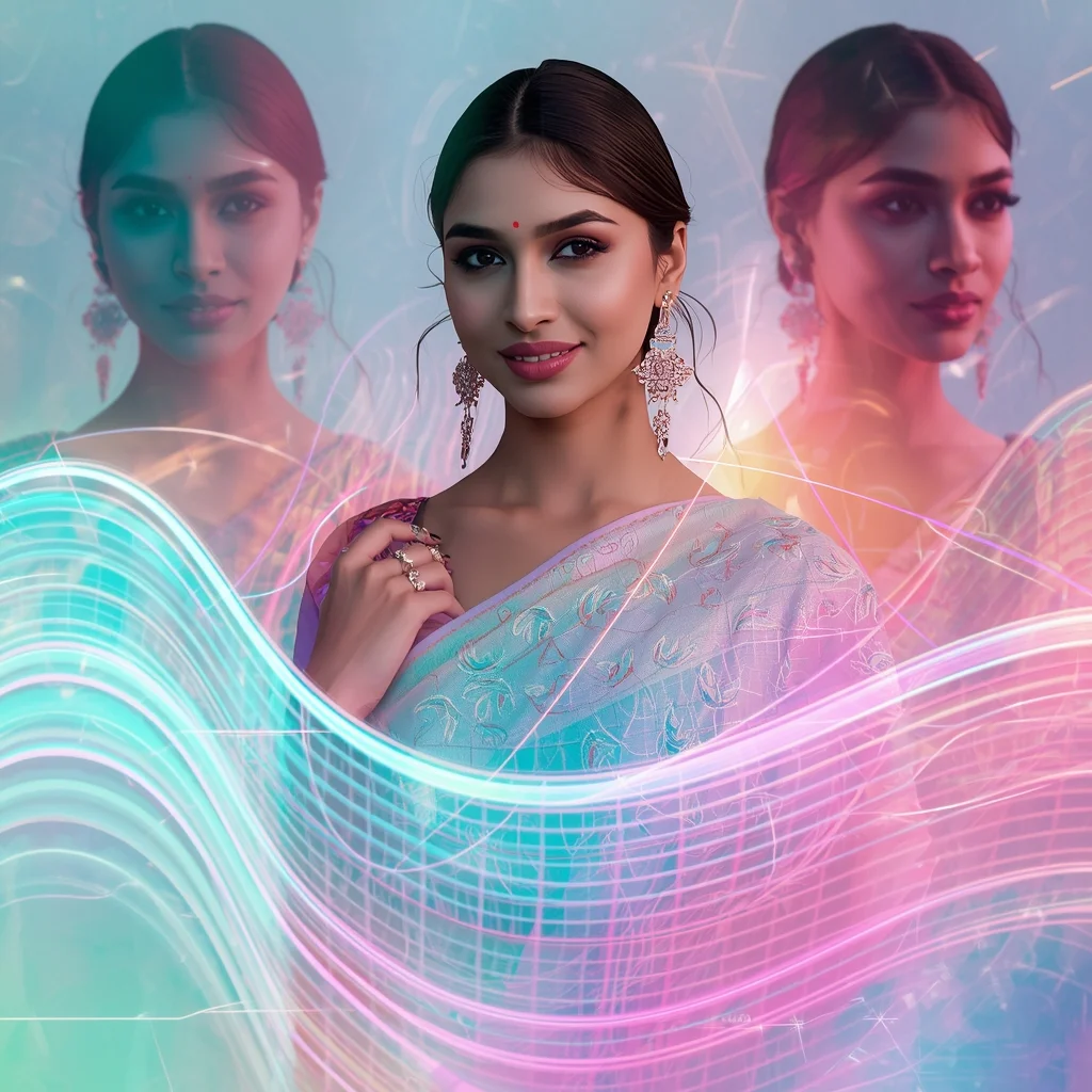 Festive Pastel Saree Neon Wave Grid Aurora Fusion Collage | Prompt For Ai Image Generator For Professional Photo