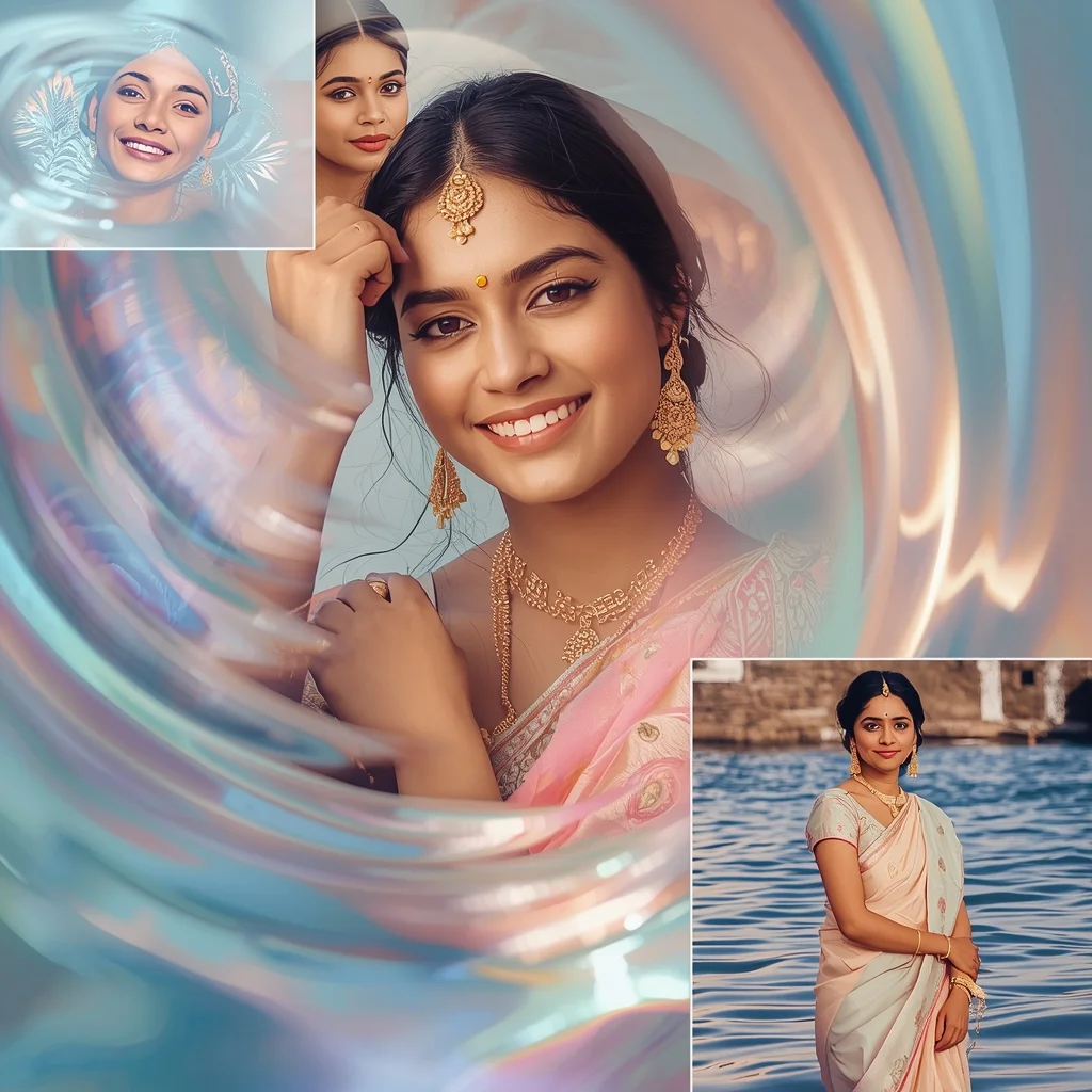 Festive Pastel Saree Ocean Glow Drift Pulse Wave Collage | Saree Prompt Text To Image